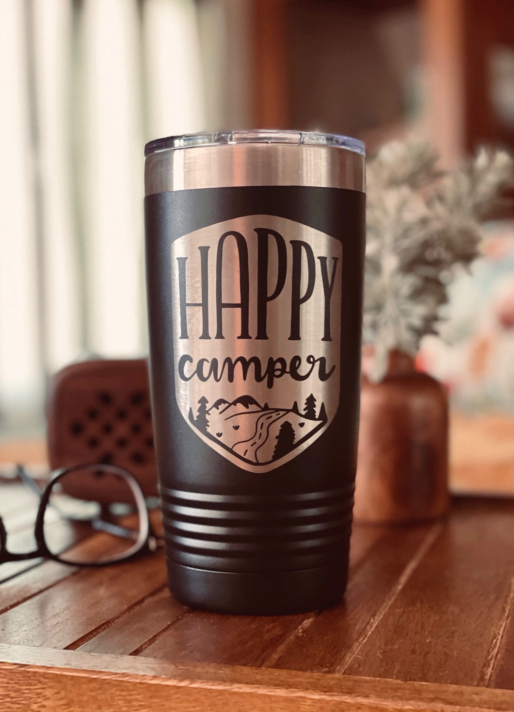 Happy Camper Etched Tumbler Outdoor Camping Theme Adventure  Matte Black