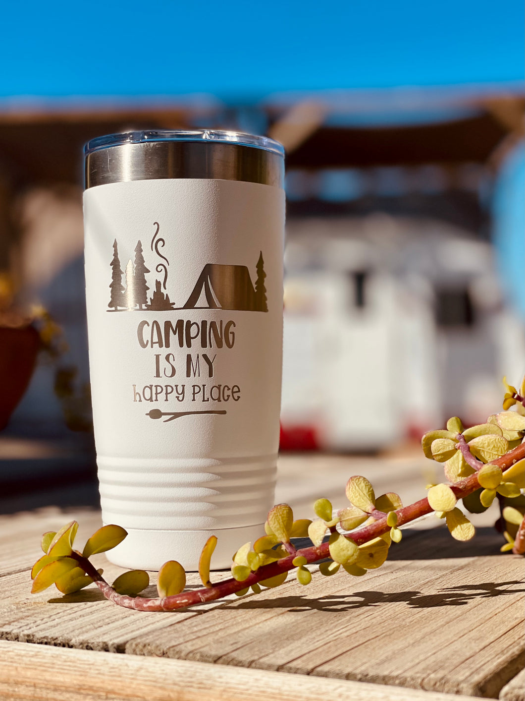 Camping is Happy Place Etched Tumbler Outdoor Camping Theme  White